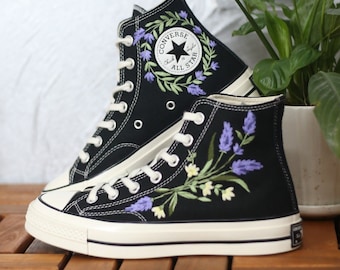Embroidery converse/Custom Lavender embroidered shoes/Converse high tops embroidered Lavender/Gift for daughter/Lavender embroidery sneakers