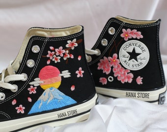 Embroidered Converse: Japanese Cherry Blossom, Mountain & Sun Design