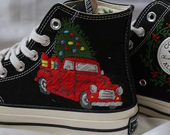 Christmas Embroidered Converse, Santa Truck, Snowflakes, Custom Sneakers