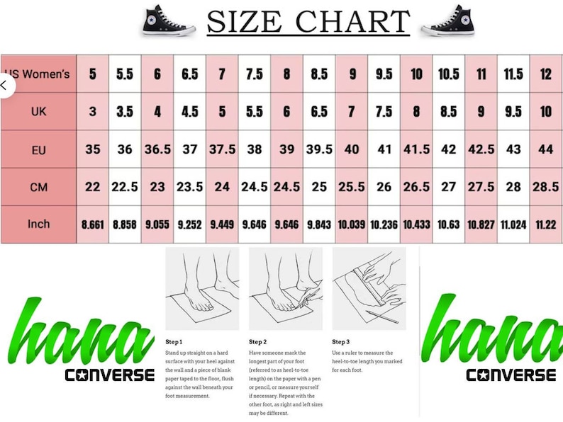 K&ouml;nnte beinhalten: Eine Gr&ouml;&szlig;entabelle f&uuml;r Damenschuhe mit Ma&szlig;en in US, UK, EU, Zentimetern und Zoll. Die Tabelle zeigt die entsprechenden Gr&ouml;&szlig;en f&uuml;r jedes Messsystem. Die Tabelle befindet sich auf einem rosa Hintergrund mit wei&szlig;em Rand. Die Tabelle wird von einem Diagramm begleitet, das zeigt, wie man seinen Fu&szlig; f&uuml;r die richtige Gr&ouml;&szlig;e misst.