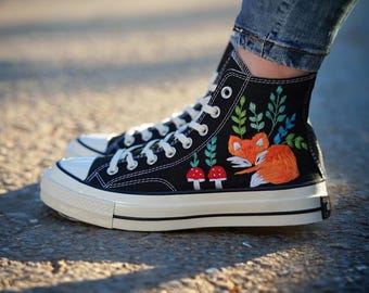 Fox Embroidered Converse Chuck 1970s: Mushroom & Leaves, Custom Sneakers