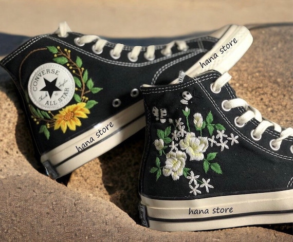 Custom Embroidered Wedding Converse High Tops Flower Embroidered Shoes Converse Chuck Taylor Embroidered Personalized Name and Date Etsy