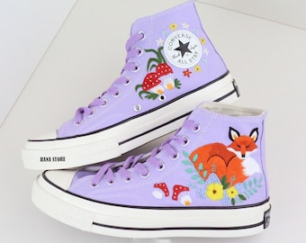 Embroidered Converse High Tops: Custom Fox & Mushroom Shoes