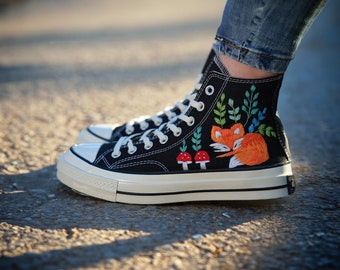 Embroidered Converse High Tops: Custom Fox & Mushroom Design