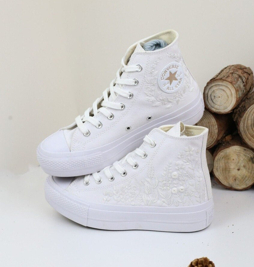 Custom Wedding Converse: White Flower Embroidered Bridal Sneakers