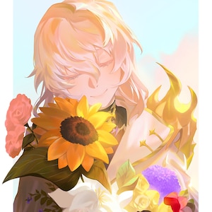 Puede incluir: Ilustración de una persona con los ojos cerrados, sosteniendo un ramo de flores. El ramo incluye un gran girasol, rosas rosas, lirios blancos y otras flores coloridas. La persona tiene cabello largo y claro y viste un atuendo blanco y dorado.