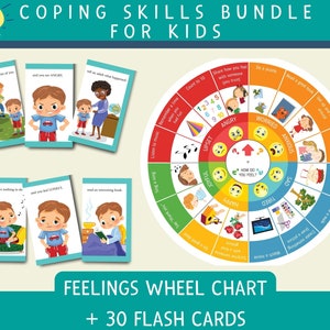 Emotions Bundle, Coping Skills Flash Cards, Feelings Wheel Chart With Coping Skills, Emotional Intelligence. Mental Health Behaviour