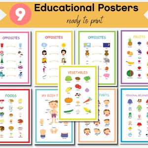 SET VON 9 pädagogischen Postern, Montessori-Klassenzimmer-Dekor, Heim-Schule-Drucke, Kinder-Dekor, Kleinkind-Spielzimmer-Dekor, digitaler Download