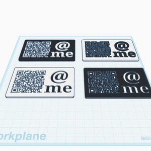May include: Four business cards with a QR code and the text "@ me". The cards are arranged in a square, with two black and two white cards. The background is a light blue grid.