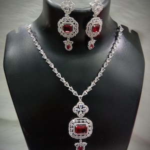 American Diamond Necklace Set / CZ Necklace / Indian Jewelry/Bollywood Wedding Jewelry/ Bridal Necklaces/  Pendant set/ Silver Plated Set/
