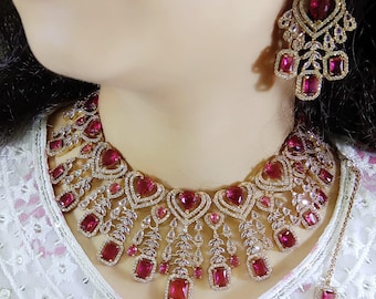 American Diamond Necklace Set: Gold Plated Indian Bridal Jewelry