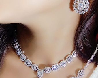 American Diamond Necklace Set / CZ Necklace/Indian Jewelry/Bollywood Wedding Jewelry/ Bridal Necklaces/  Three layer set/ Silver Plated Set/