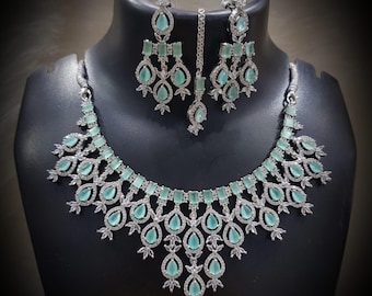 American Diamond Necklace Set / CZ Necklace/Indian Jewelry/Bollywood Jewelry/ Bridal Wedding Jewelry / Three Layer set / Silver Plated Set/