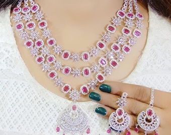 American Diamond Necklace Set / CZ Necklace/Indian Jewelry/Bollywood Jewelry/ Bridal Wedding Jewelry / Three Layer set / Silver Plated Set/