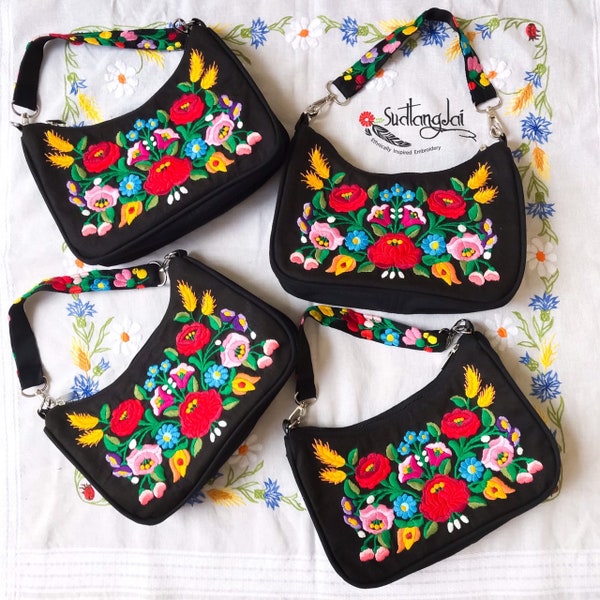 Handmade women handbag with Hungarian floral motifs- Embroidered on one sides