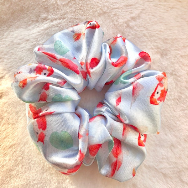 Handmade Japanese Koi Carp Satin Scrunchie: Elegant Fabric Hair Accessory | Asian-Inspired Elastic Hair Tie | Stylish & Trendy Scrunchie