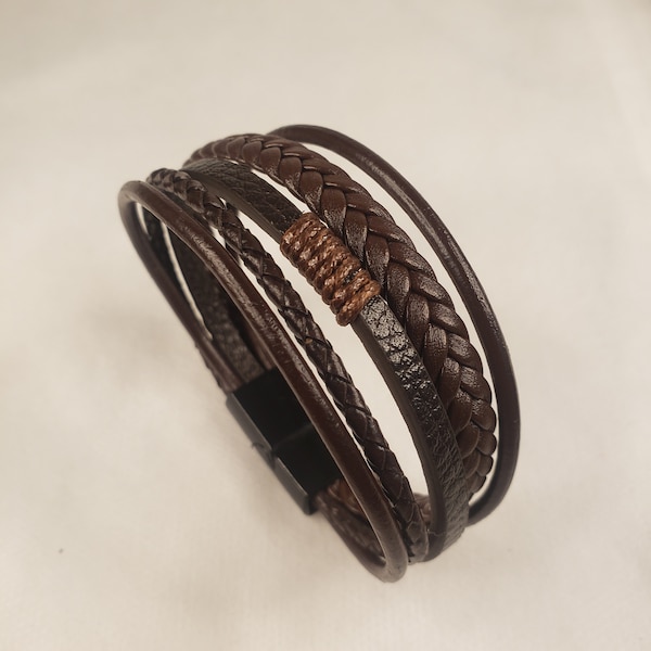 Men Leather Bracelet with Magnetic Clasp, 21 cm 23 cm Bracelets, Multilayer Braided Rope Style,  Father's Day Gift, Valentine's Day Gift,