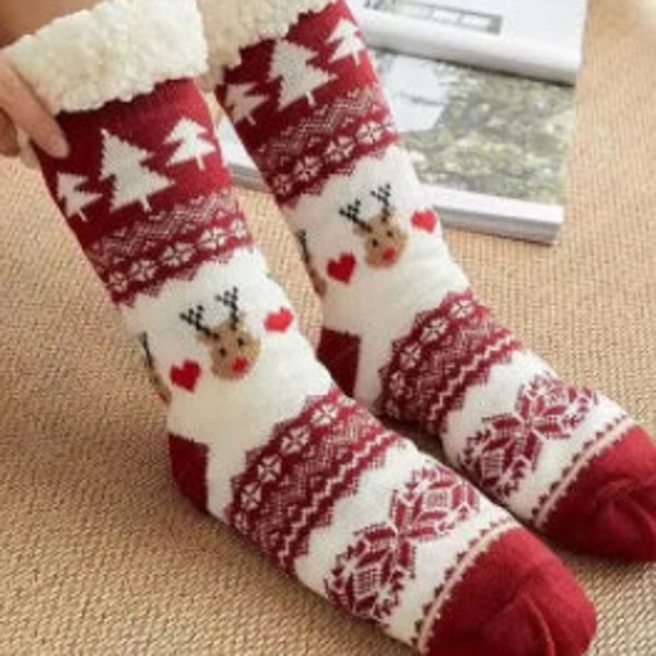 Chaussettes de Noël épaisses et douillettes, Chaussettes chaudes en polaire Sherpa sur le thème du renne et du sapin de Noël, Chaussettes antidérapantes Cozy Toes, Cadeau de Nouvel An