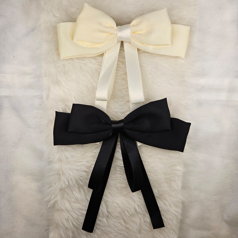 Ribbon Hair Bow, Black Beige Fabric Bow Hair Clip, Satin Ribbon Hair