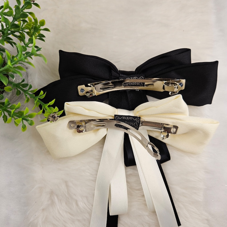 Ribbon Hair Bow, Black Beige Fabric Bow Hair Clip, Satin Ribbon Hair