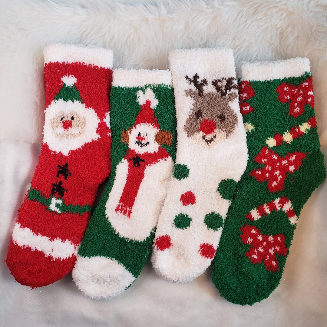 Christmas Themed Super Fluffy Fleece Cartoon Socks, Snowman Santa Deer ...