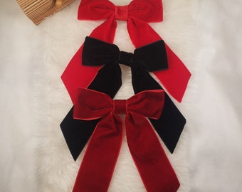 Velvet Ribbon Hair Bow, Midi Long Tail Ribbon Hair clip, Black Red Hair Bow on Alligator clip, Big Bow Clip, Christmas,  Mother's Day Gift