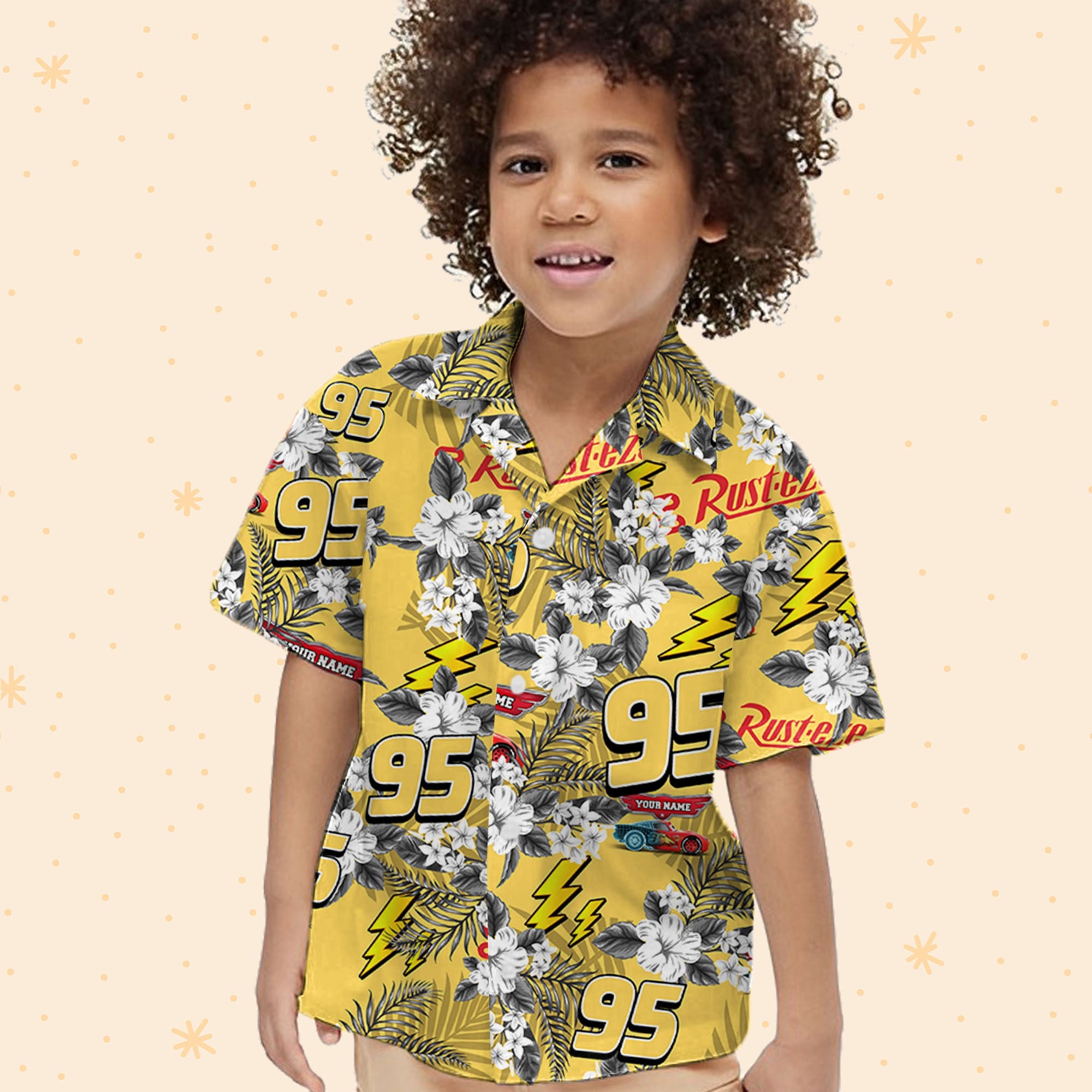 Discover Mcqueen Racing champion  Yellow Rd Bl Hawaiian Flowers Pattern