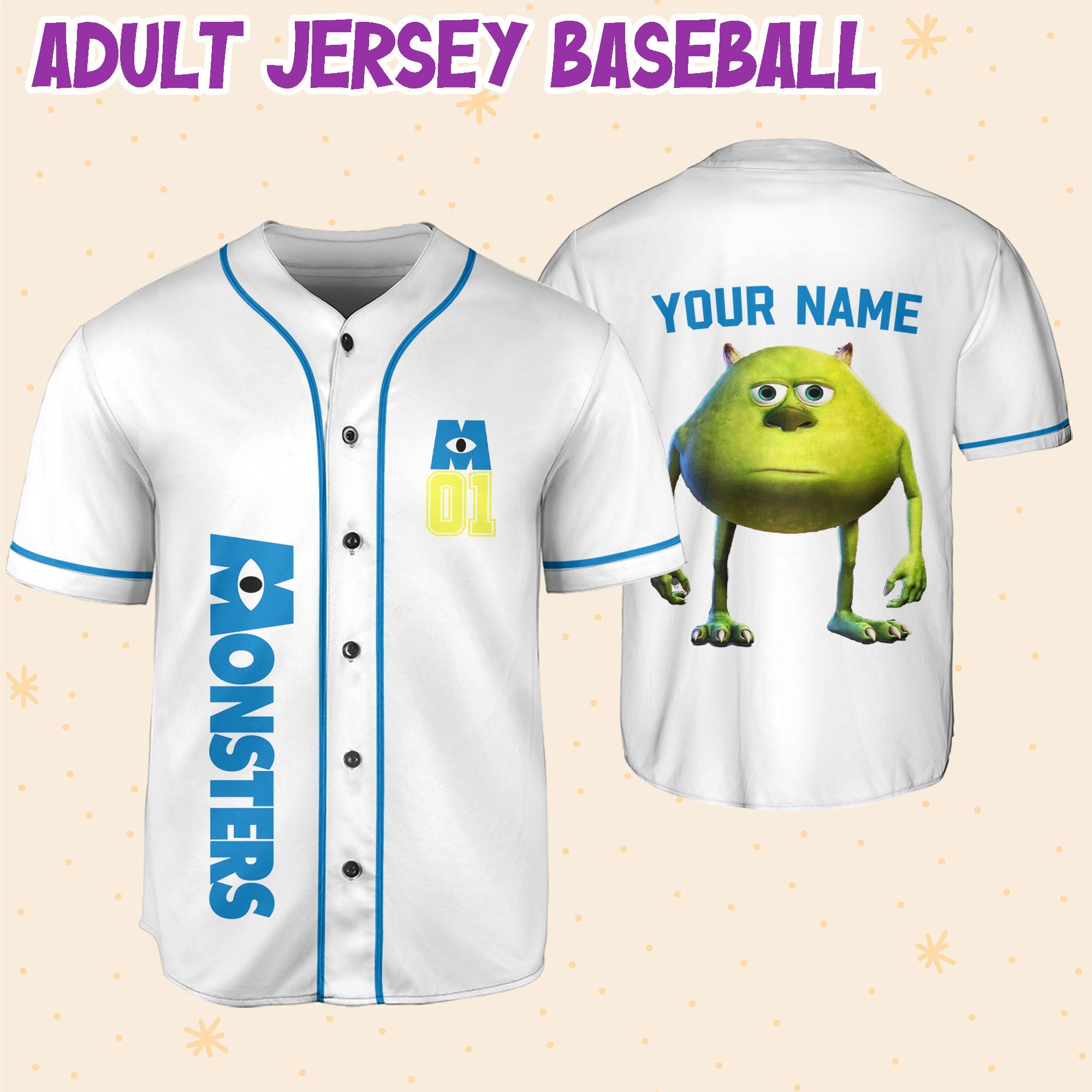 Personalize Disney Monsters Inc Mike Wazowski Baseball White All Over Print Baseball  Jersey