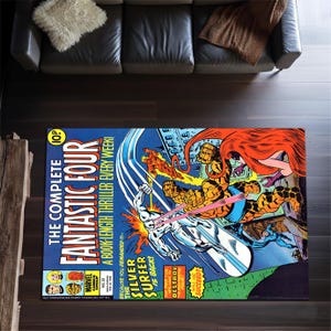 Alfombra completa de Los Cuatro Fantásticos, alfombra retro con portada de cómic de Marvel, alfombra con diseño de acción de Silver Surfer contra La Cosa.