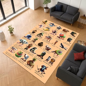 Könnte beinhalten: Ein rechteckiger Teppich mit hellorangefarbenem Hintergrund. Er zeigt Cartoon-Illustrationen verschiedener Objekte und Kreaturen, die jeweils mit einem eindeutigen Namen versehen sind. Der Teppich liegt auf einem Holzboden.