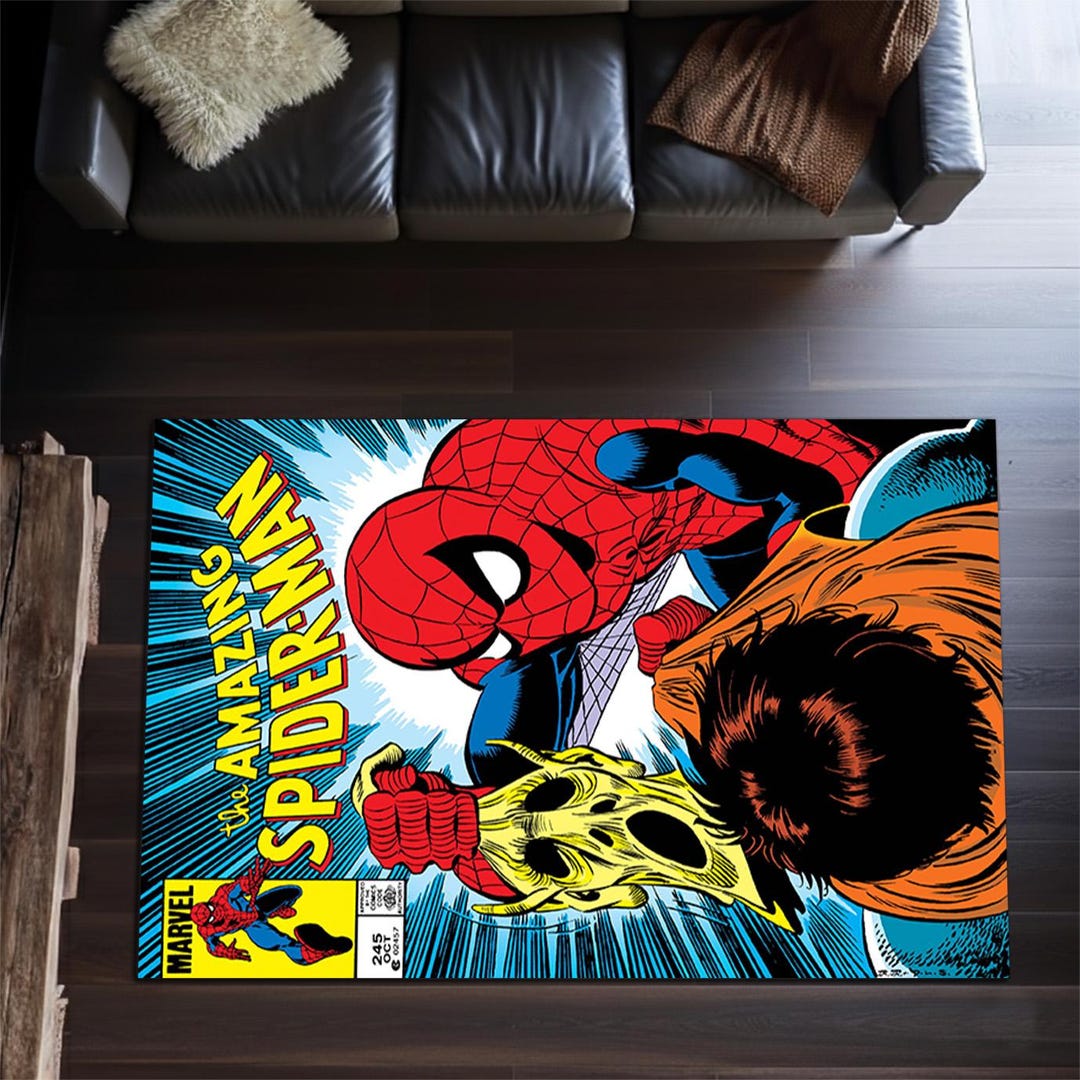 Web-hero Area Rug, Retro Comic Cover Floor Carpet, Vibrant Blue and Red ...