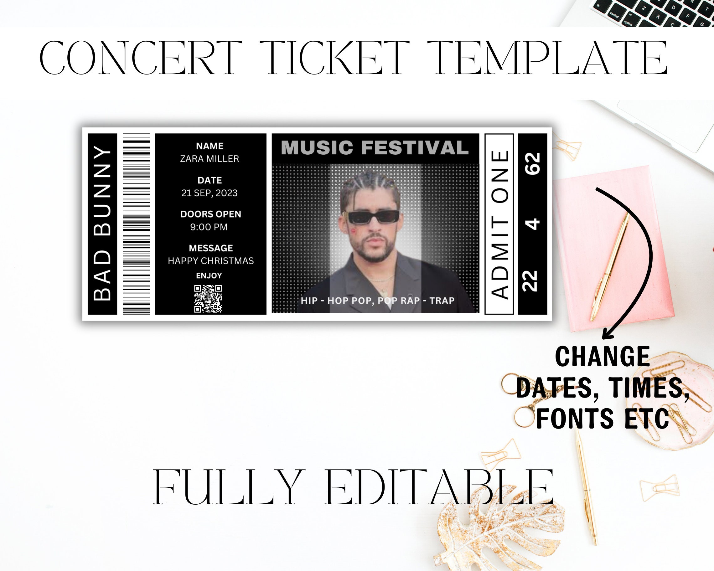 Editable Surprise Ticket, Concert Ticket Template, Canva Editable