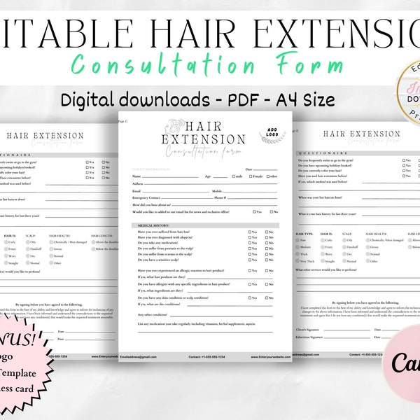 Professional Hair Extension Forms, Hair Extensions Consultation Form,  Hair Extensions Contract, Hair Contract, Hair  Consent,Hair Agreement