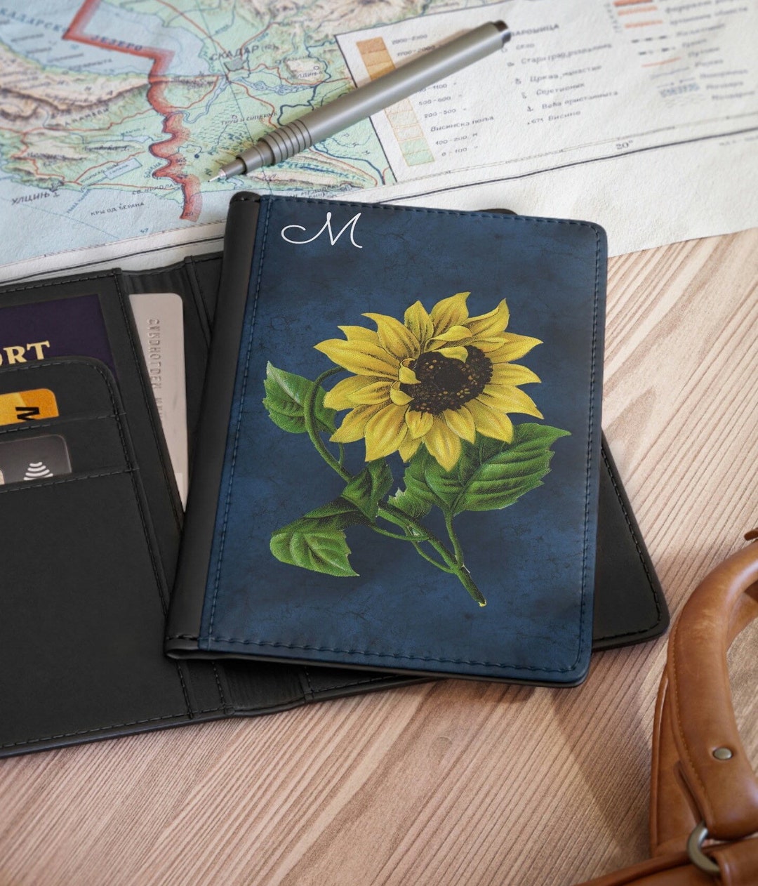 Navy Blue Passport Cover Monogram Sunflower Passport Holder Etsy