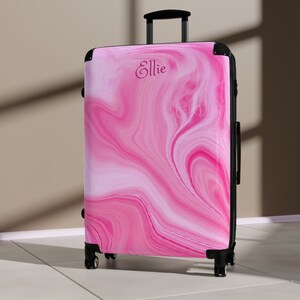 Girls Suitcase On Wheels - Marble Pink Suitcase For Women Custom Name Luggage