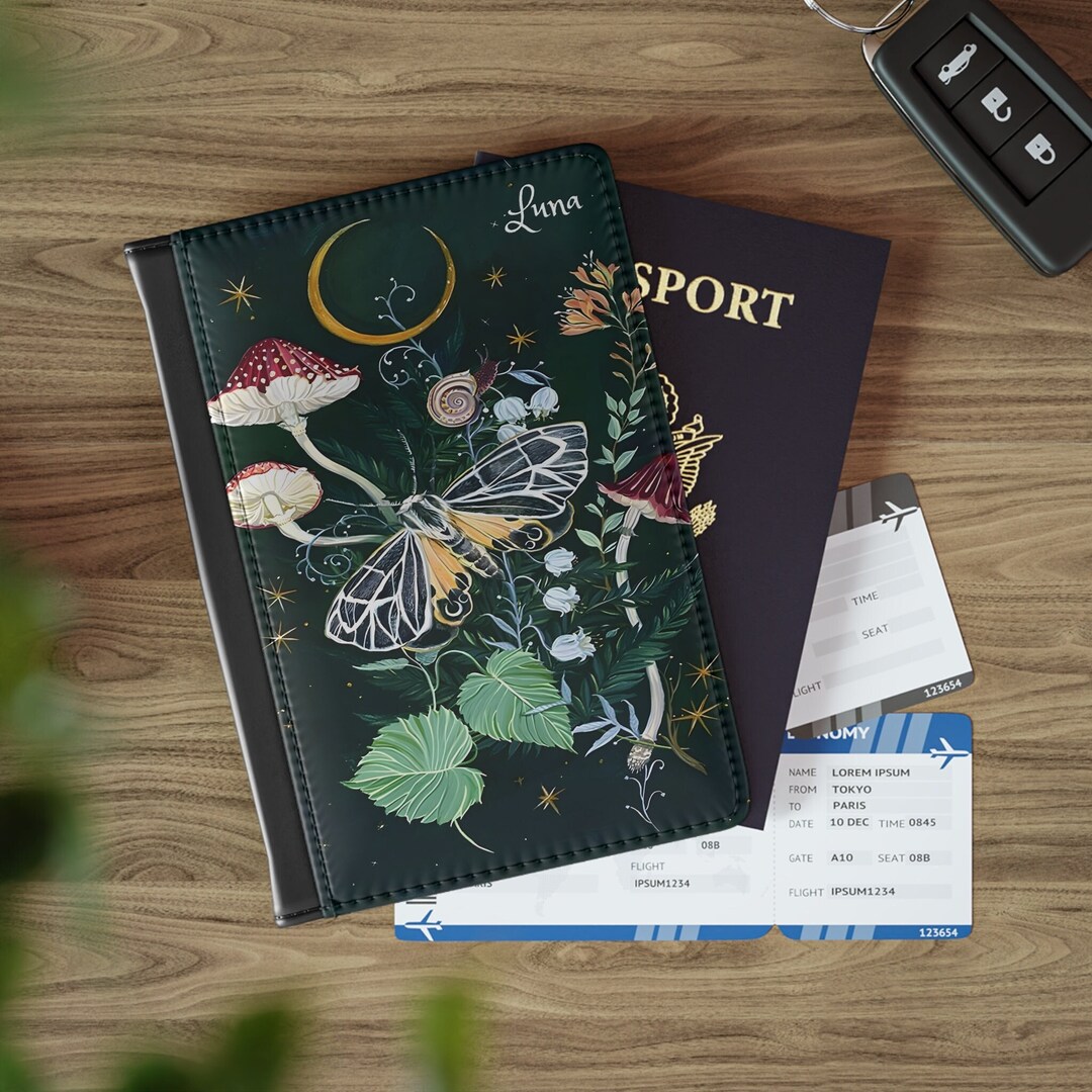 Boho Passport Cover Custom Moon and Stars Moth Mushroom Passport Wallet