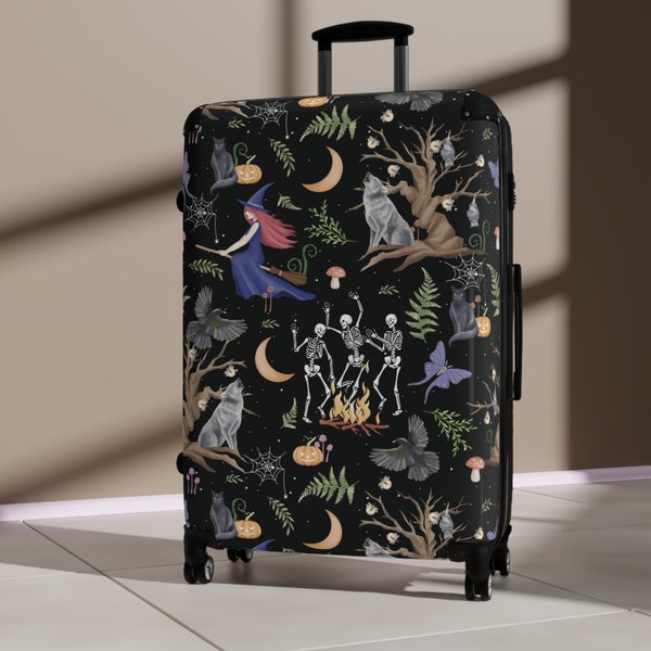 Woodland Witch Suitcase - Dark Cottagecore Luggage Suitcase Dancing Skeleton Forest Animal Wolf Moon Travel Accessories Cabin Suitcases