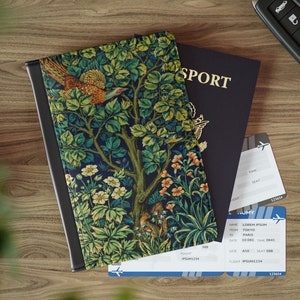 Vegan Leather Passport Wallet - William Morris Forest Green Passport Holder RFID