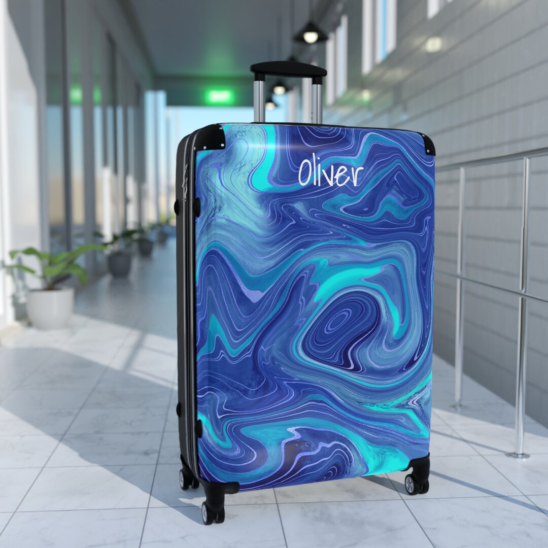 Mens Luggage Bag on Wheels Personalized Blue Suitcase for Him Etsy