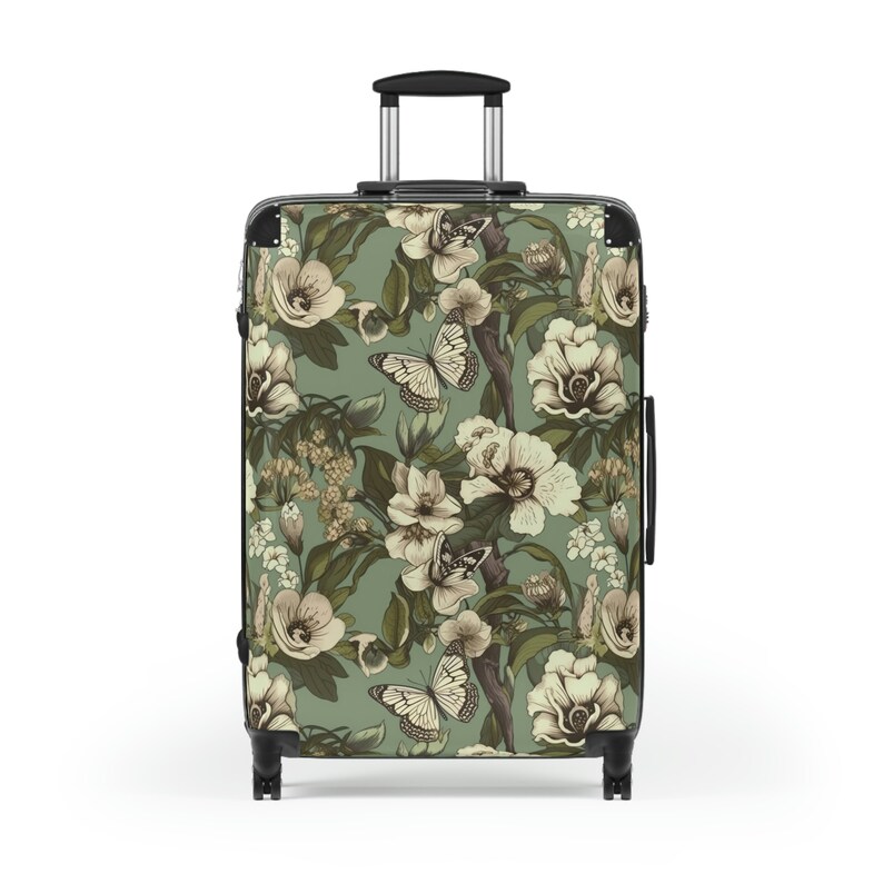 Floral Suitcase in 3 Sizes, Sage Green Suitcase, Butterfly, Luggage Set