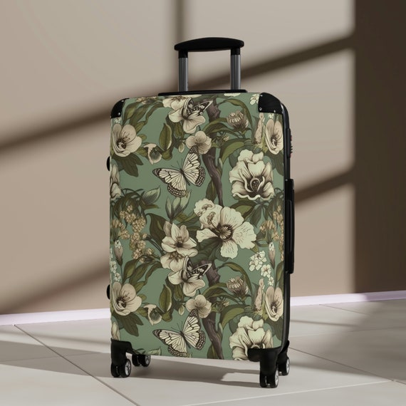 Floral Suitcase in 3 Sizes Sage Green Suitcase Butterfly Luggage Set Designer Suitcases Cabin Bag Carry On Womens Travel Gift Etsy