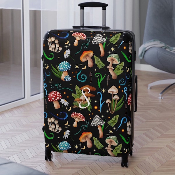 Mushroom Luggage Suitcase - Personalized Moon and Stars Boho Dark Magic Forest Rolling Suitcase