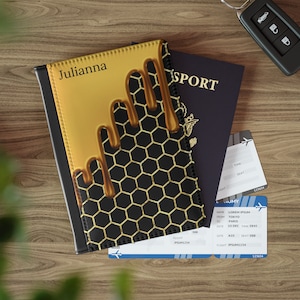 Passport Cover Honeycomb - Personalized Bee Honey Drip Black and Gold Passport Holder
