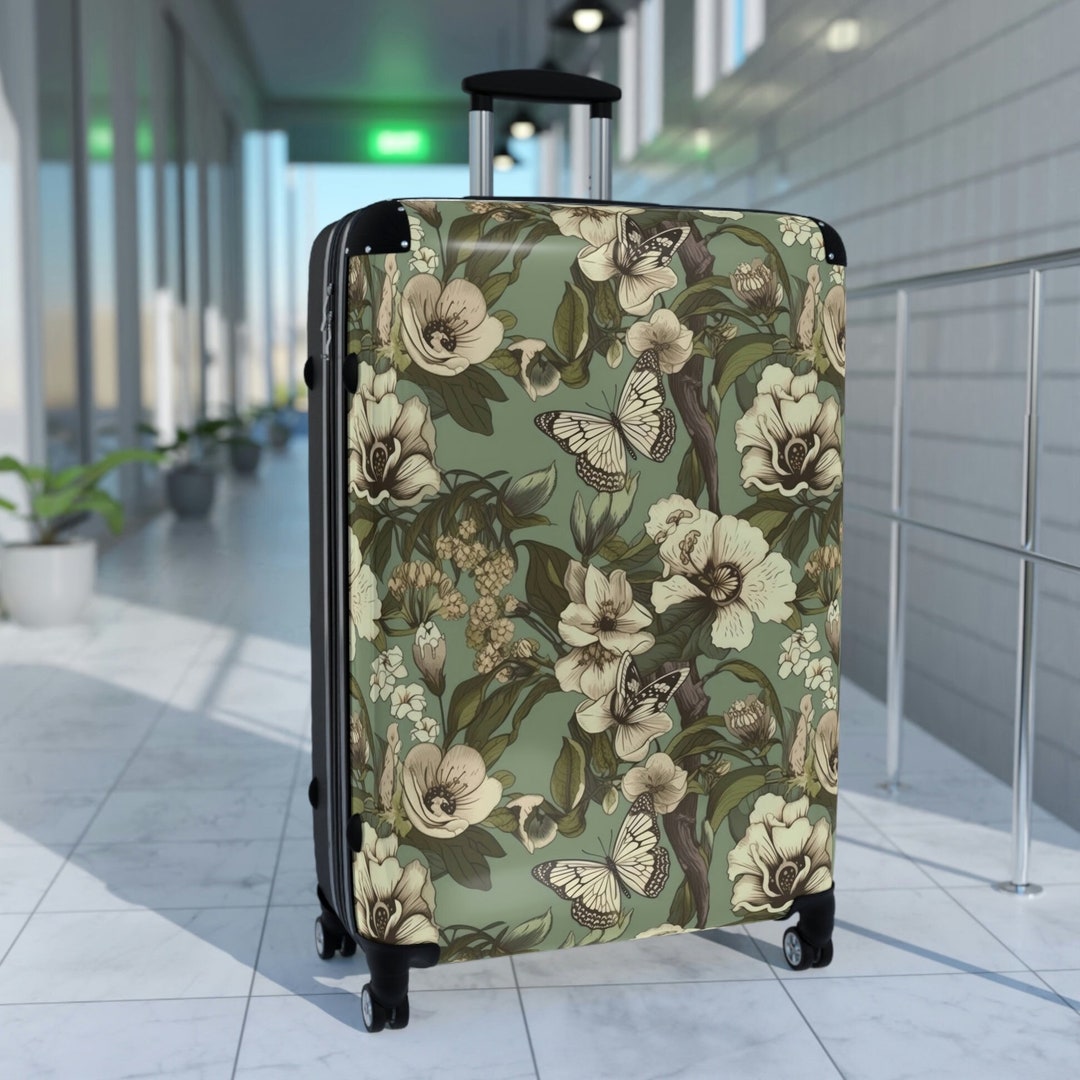 Floral Suitcase in 3 Sizes, Sage Green Suitcase, Butterfly, Luggage Set