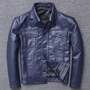 Veste en cuir de vachette véritable pour homme, veste décontractée à revers, veste en cuir bleue à boutonnage simple, survêtement court et élégant | manteaux en cuir véritable