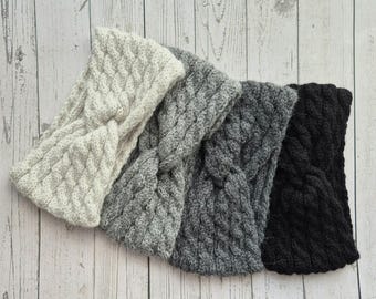 Hand knitted alpaca wool headband, ear warmers