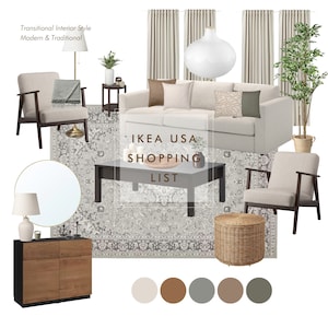 IKEA Living Room Mood Board, Lista de compras, Diseño de interiores, Comprar el look, Diseño de interiores natural, Diseño de transición, Moodboard, Diseño