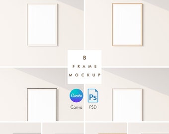 May include: Four different frames with white backgrounds, each with a different colored frame. The frames are black, white, gold, and brown. The frames are arranged in a grid pattern. The text "B FRAME MOCKUP" is in the center of the grid. The text "Canva PSD" is below the frames.