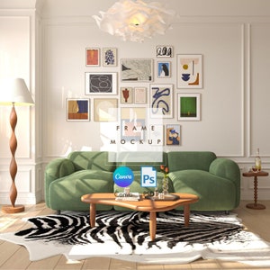 May include: A green sofa with a wooden coffee table and a zebra print rug in a living room with a white wall featuring a gallery wall of abstract art prints in various colors and sizes. The text "FRAME MOCKUP" is printed on the wall. The text "Canva PSD" is printed on a blue and white circle and a white square.