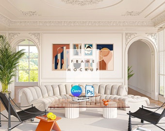 Pode incluir: Uma maquete de design de interiores de sala de estar com um sofá branco, duas cadeiras pretas, uma mesa de centro e uma parede com cinco impressões de arte abstrata emolduradas. As impressões de arte são em tons de vermelho, laranja, azul e amarelo. O texto "FRAME MOCKUP" é visível no centro da imagem.